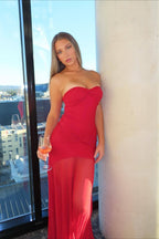 Mesh Patchwork Strapless Shirred Backless Bodycon Maxi Dress