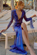 Chic Sheer V Neck Wrap Tie Slit Maxi Dress