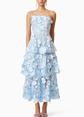 Blue Floral High Waist Maxi Dresses Embroidered Summer