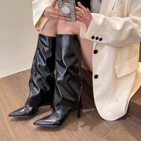 Botas cortavientos para mujer, zapatos de tacón alto, primavera otoño 2024, nuevas botas de caballero de piel suave con tacón fino y puntiagudo hasta la rodilla. 