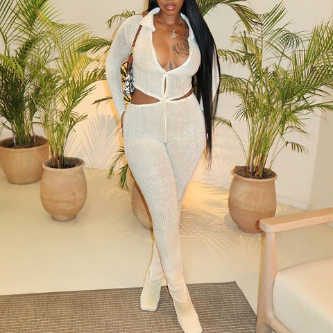 Autumn Winter Sexy Cardigan Long Sleeve Button Stitching Hollow Out Cutout Jumpsuit for Women