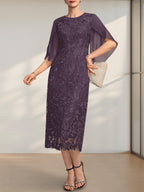 Etuikleid/Säulenkleid mit Rundhalsausschnitt, Teelänge, aus Spitze und Chiffon, ideal für die Mutter der Braut
