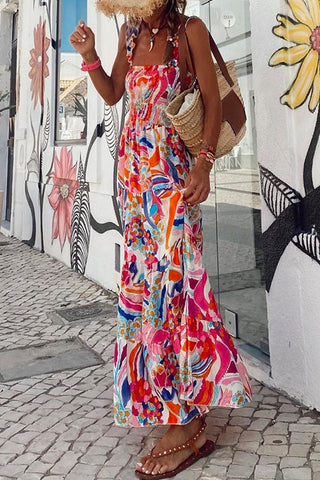 Vestido largo de fiesta con tirantes finos, estampado y fruncido de Meridress