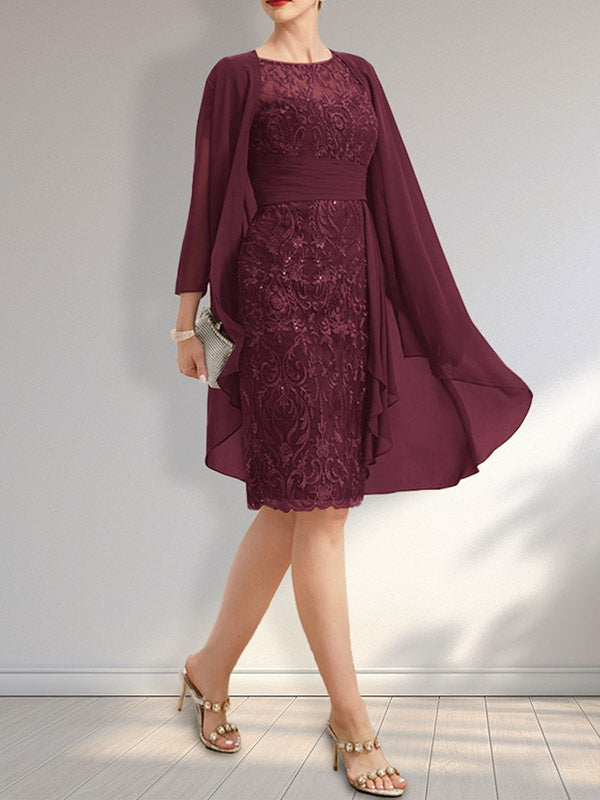 Etuikleid mit Rundhalsausschnitt, Illusion-Effekt, knielang, aus Chiffon mit Spitze, Rüschen und Pailletten – ideal für die Mutter der Braut