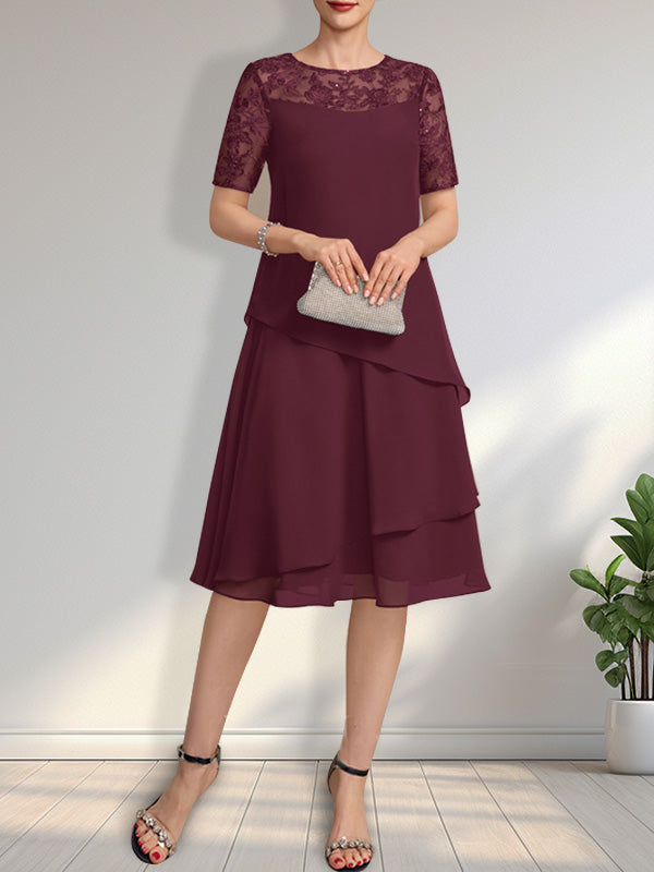 A-Linien-Kleid mit Rundhalsausschnitt, Illusion-Effekt, knielang, aus Spitze und Chiffon mit Pailletten für die Mutter der Braut