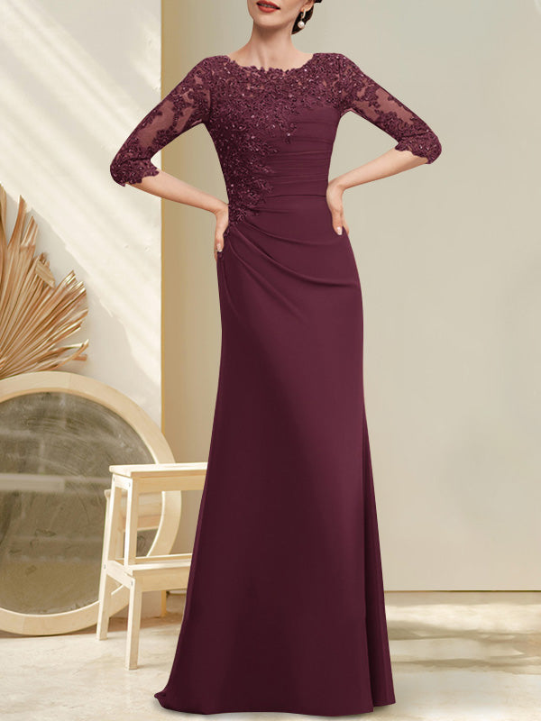 A-Linien-Kleid aus Chiffon und Spitze in Bodenlänge für die Mutter der Braut mit Perlenstickerei, Falten und Pailletten
