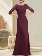 A-Linien-Kleid aus Chiffon und Spitze in Bodenlänge für die Mutter der Braut mit Perlenstickerei, Falten und Pailletten