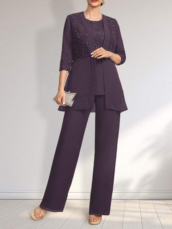 Jumpsuit/Hosenanzug-Set, bodenlanges Chiffon-Spitzenkleid mit Pailletten für die Mutter der Braut mit Rundhalsausschnitt