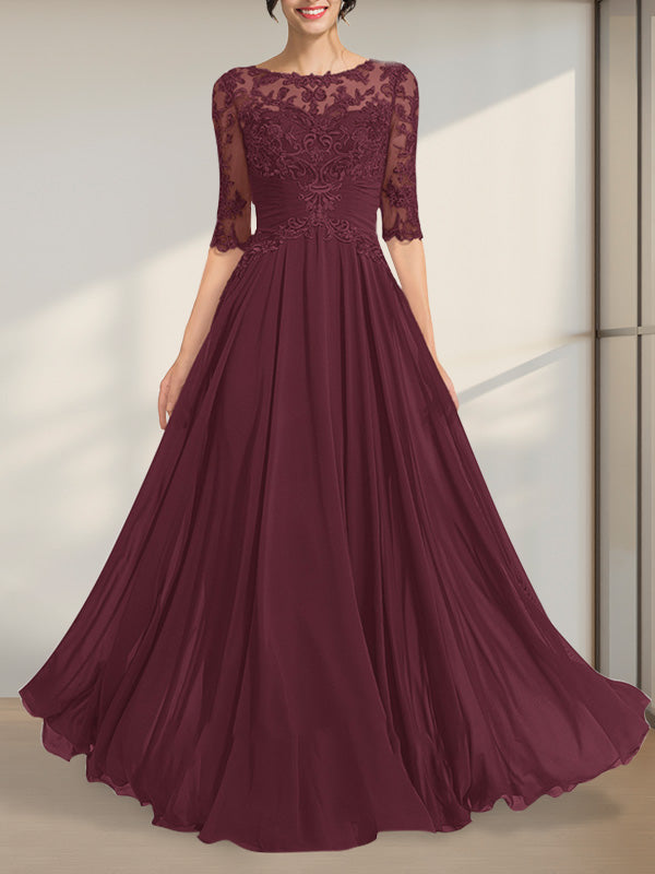 A-Linien-Kleid mit Illusion-Ausschnitt, bodenlang, aus Chiffon und Spitze, mit plissierten Pailletten und V-Ausschnitt für die Mutter der Braut