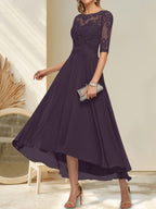 A-Linien-Kleid mit U-Boot-Ausschnitt, Illusion-Effekt, asymmetrischem Chiffon-Spitzenbesatz und Paillettenstickerei für die Mutter der Braut.