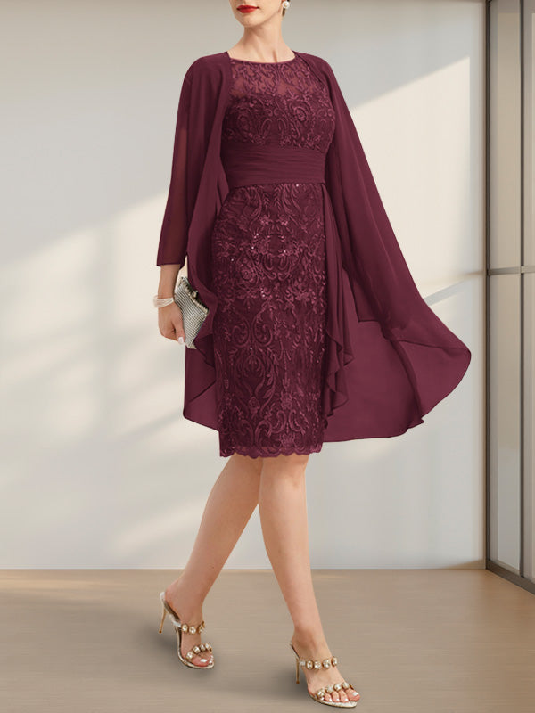 Etuikleid/Säulenkleid mit Illusion-Ausschnitt, knielang, aus Chiffon mit Spitze, Kaskadenrüschen und Pailletten für die Mutter der Braut