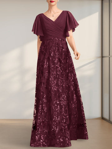 A-Linien-Kleid mit V-Ausschnitt, bodenlang, aus Spitze, Pailletten und Chiffon, ideal für die Mutter der Braut, mit Falten