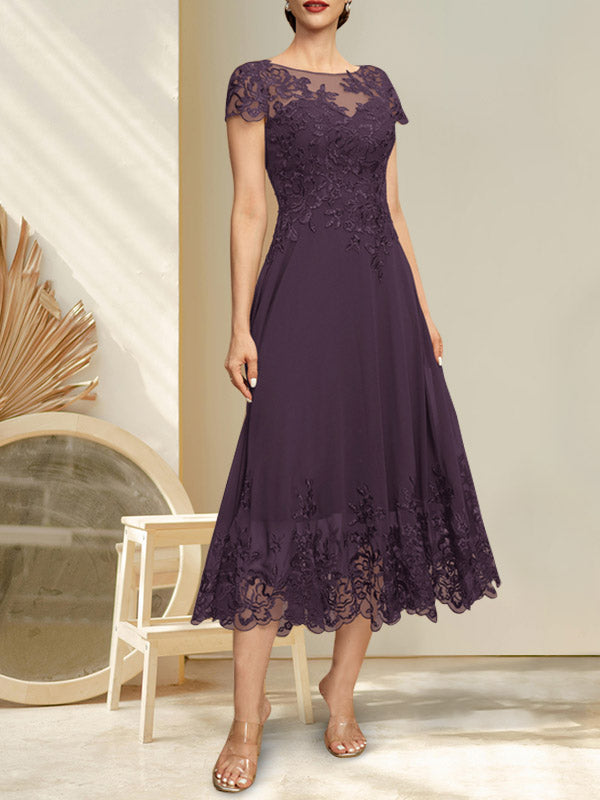 A-Linien-Kleid mit Illusion-Ausschnitt, Rundhalsausschnitt, Teelänge, Spitze und Chiffon, mit Pailletten, für die Mutter der Braut