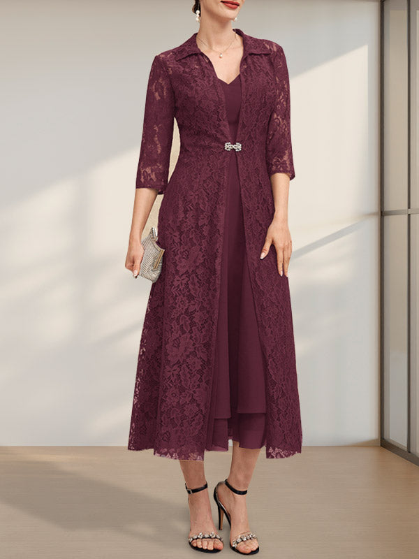 A-Linien-Chiffonkleid mit V-Ausschnitt und Teelänge für die Mutter der Braut