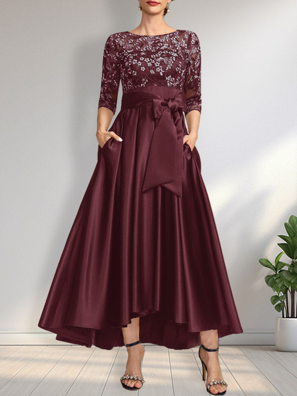 A-Linien-Kleid mit asymmetrischem Ausschnitt, Illusion-Effekt, Satinspitze und Schleife für die Mutter der Braut