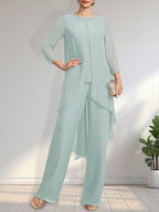Zweiteiliger Jumpsuit/Hosenanzug, bodenlanges Chiffonkleid für die Mutter der Braut mit Paillettenbesatz und Rundhalsausschnitt.
