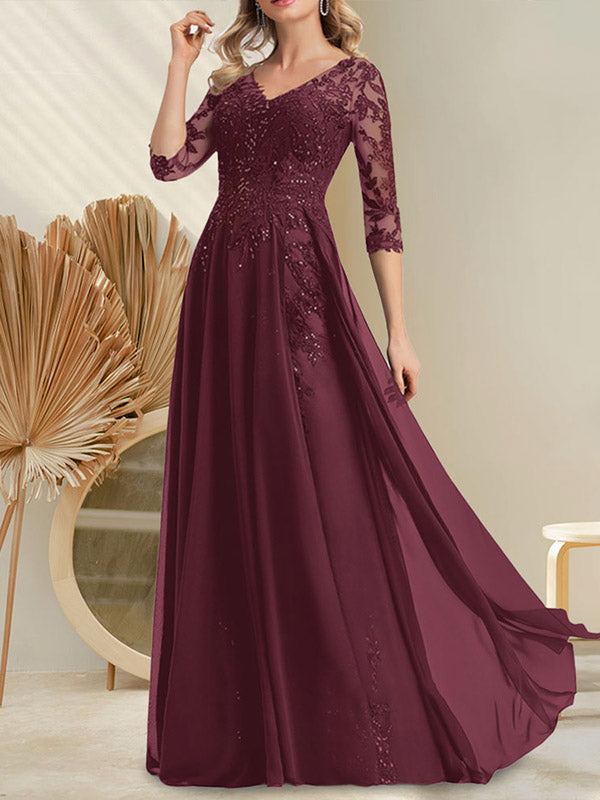 A-Linien-Kleid aus Chiffon mit V-Ausschnitt, bodenlang, mit Pailletten besetzt – ideal für die Mutter der Braut