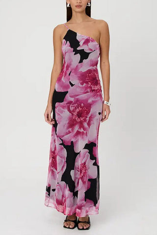 Meridress One Shoulder Cut Out Floral Print Maxi Cami Dress