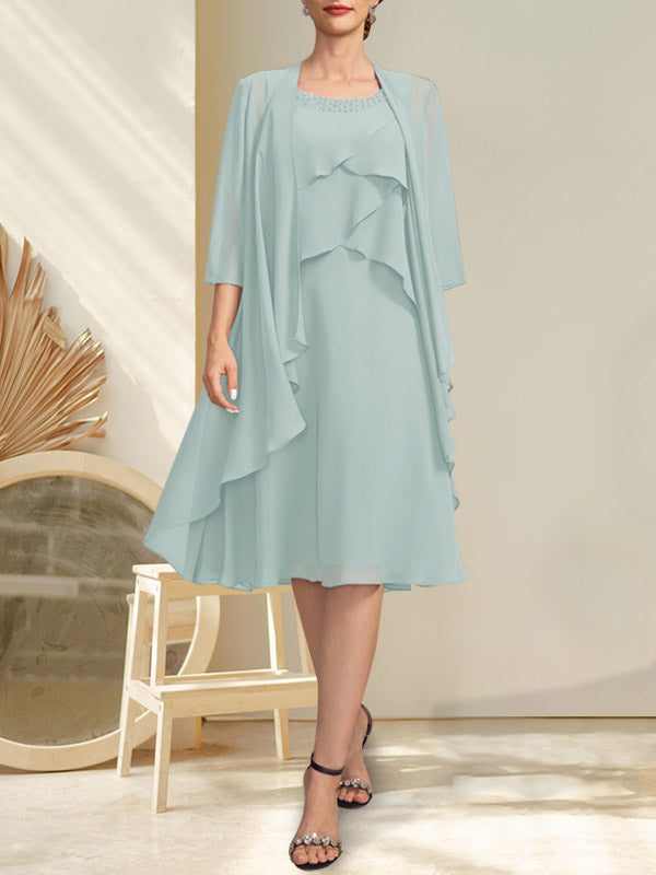 A-Linien-Chiffonkleid mit Rundhalsausschnitt und Perlenstickerei, knielang, für die Mutter der Braut