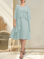 A-Linien-Chiffonkleid mit Rundhalsausschnitt und Perlenstickerei, knielang, für die Mutter der Braut
