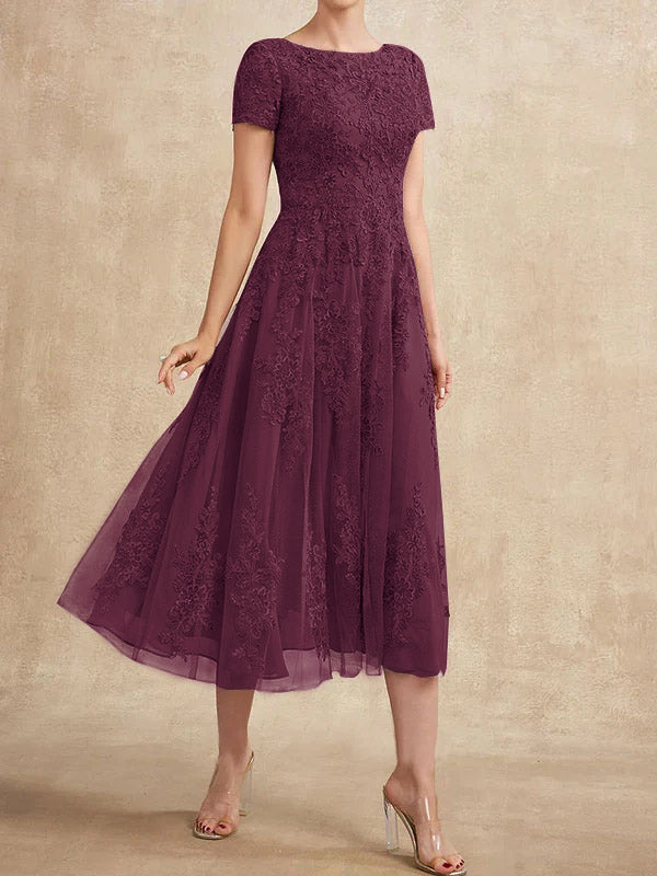 A-Linien-Kleid aus Tüllspitze mit Rundhalsausschnitt und Teelänge für die Mutter der Braut 