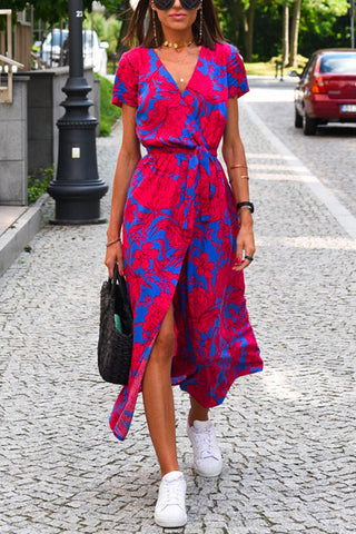 Meridress V Neck Tie Waist Printed Wrapped Long Holiday Dress