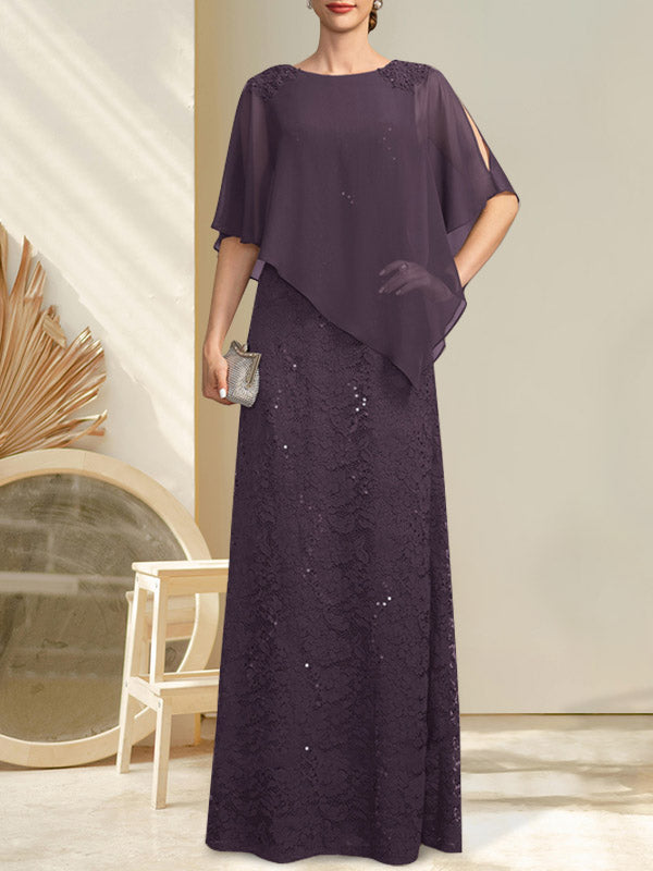Vestido de madre de la novia de gasa con encaje, escote redondo y largo hasta el suelo, con lentejuelas y abalorios
