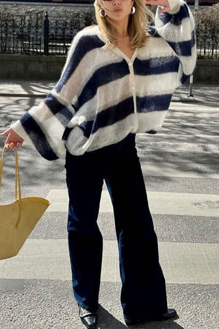 Suéter Meridress con mangas farol, botones, rayas en bloques de color y bufanda