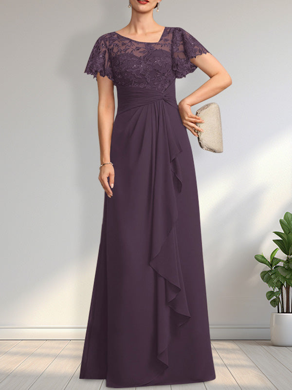 A-Linien-Kleid aus asymmetrischem Chiffon mit Illusion-Effekt, bodenlang, mit Kaskadenrüschen und Pailletten für die Mutter der Braut 