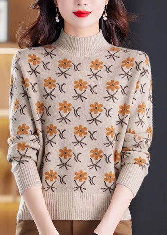 Jacquard Kaffee Rollkragen Gemütliche Strickpullover Frühling 