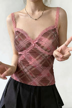 Elegant Pink Plaid Lace Cami Top