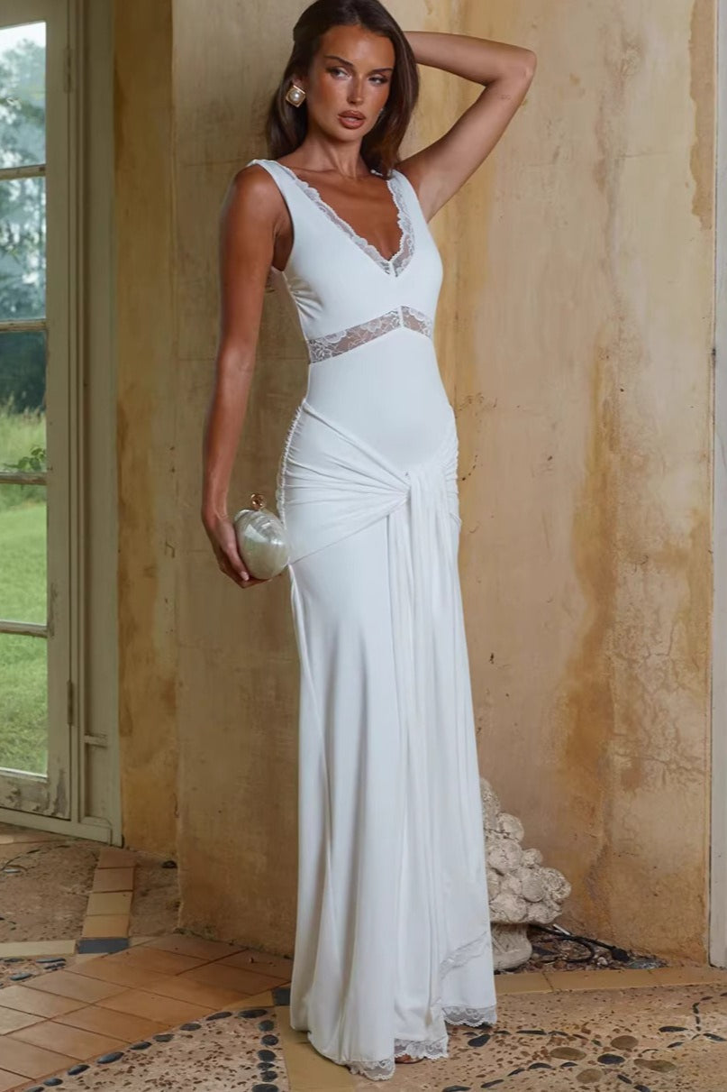 Lace Panel Bodycon With Tie Straps Maxi Dress