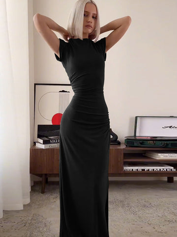 Women's Elegant O Neck Maxi Dress Short Sleeve Slim High Waist Dress Sexy Side Slit Evening Club Bodycon Dress Lady