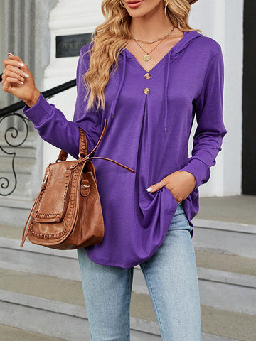 Long Sleeves Loose Buttoned Drawstring Hooded Solid Color V-Neck T-Shirts Tops