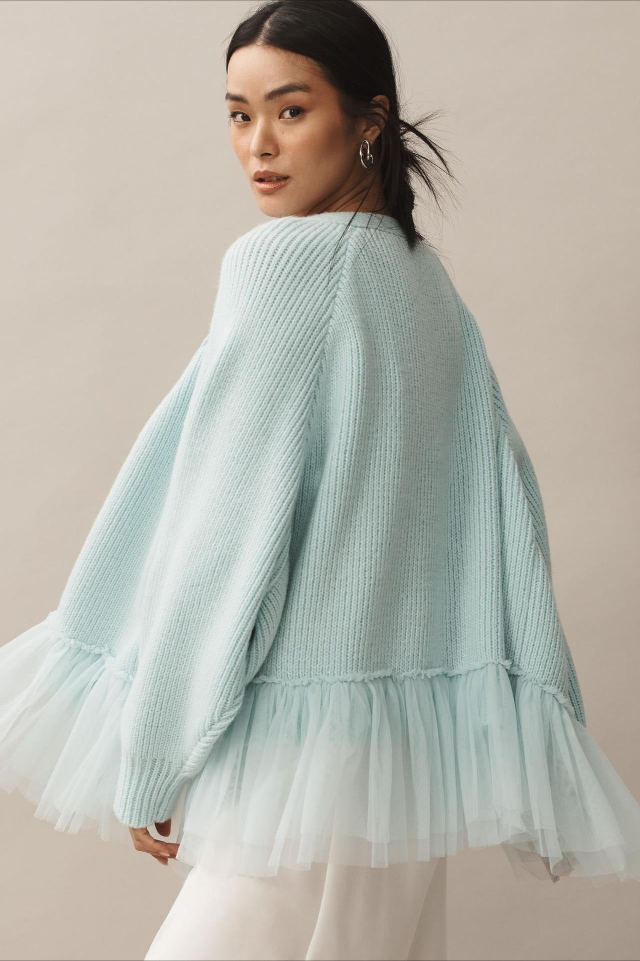 Ruffled Tulle Knit Long-Sleeve Cardigan