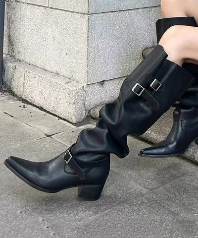 Damen New Splicing Buckle Chunky Boots Schwarz Kunstleder 