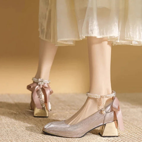 Spring Bling Mary Janes String Bead Shoes Women Bow Mid Heels Shoes 2024 Pumps New Mujer Wedding Fashion Elegant Zapatos Shallow