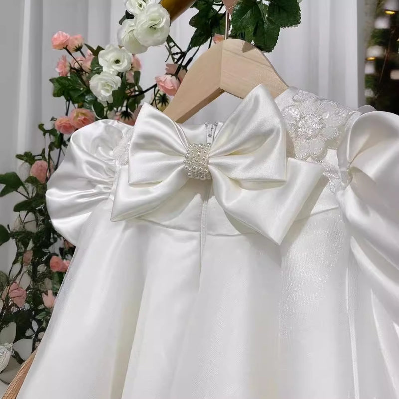Weißes Schleifenkleid für Mädchen, Prinzessinnenkleid zum einjährigen Geburtstag, Kommunionskleid für Kleinkinder 