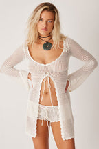 Solid Sexy V Neck Tie Knit Hollow Blouse