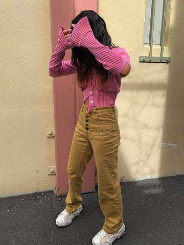 Taruxy Pink Single Breasted Sweater Women Knitted Cardigan 2022 Autumn Long Sleeve Slim High Street Pullvers Mujer Y2K Tops