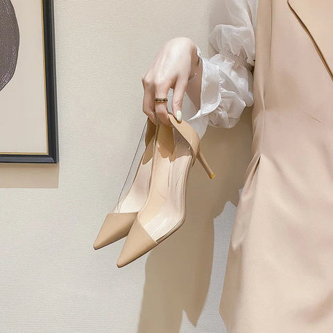Sommer Neue Spitz Transparent Nude Farbe Splicing Stil Mode Vielseitige Dünne Ferse Schuhe frauen High Heels