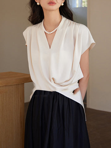 Loose Raglan Sleeve Knot Pleated Solid Color Split-Joint V-Neck Blouses&Shirts Tops