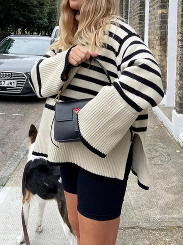 Tossy Winter Women's Striped Turtleneck Oversized Sweater – 2023 New Autumn Collection