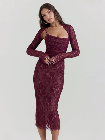 Figurbetontes Kleid aus Spitze, verstellbarer Spaghettiträger, Schnürung, sexy Party-Midikleider 