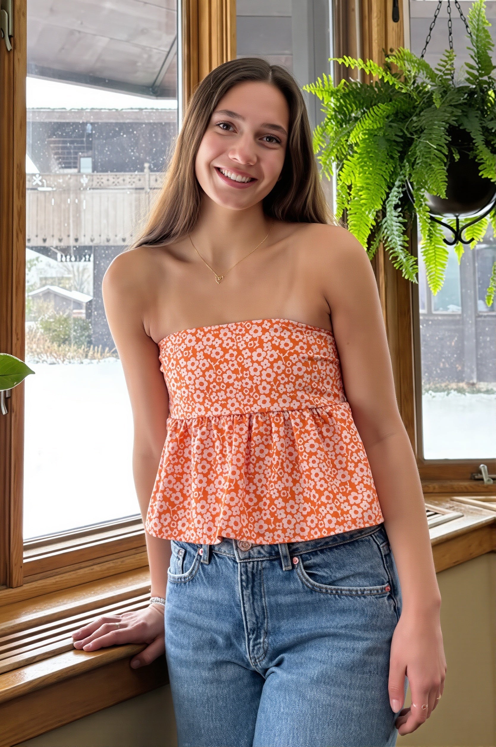 Floral Ruffle Strapless Cropped Blouse