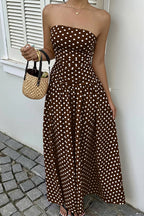 Polka Dot Strapless Sleeveless Ruffle Slim Maxi Dress