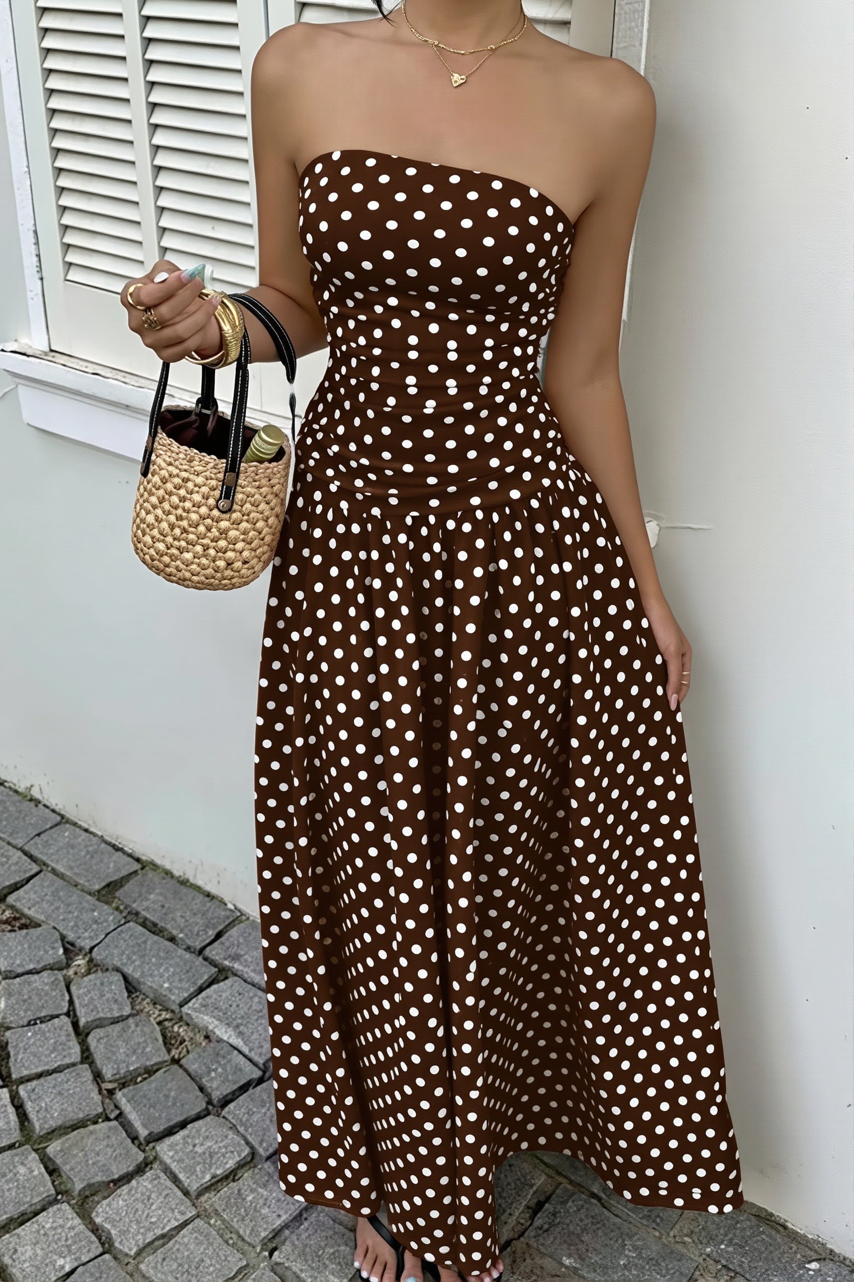 Polka Dot Strapless Sleeveless Ruffle Slim Maxi Dress