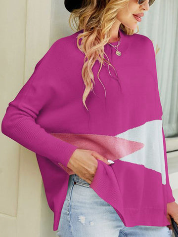Batwing Sleeves Long Sleeves Contrast Color Round-Neck Knitwear Pullovers Sweater Tops