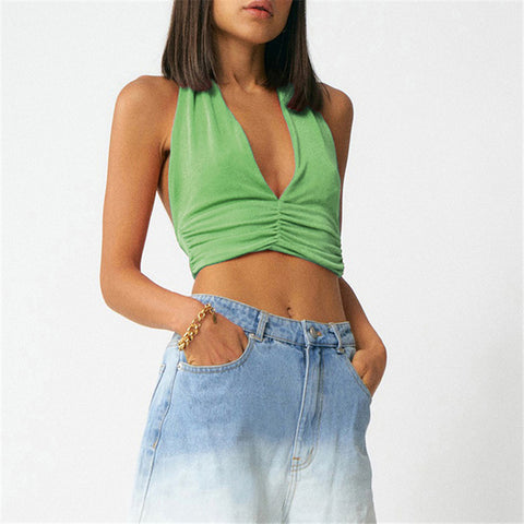 Tossy Sexy V-Ausschnitt Neckholder-Tanktops Rückenfrei Bodycon Geraffte Grüne Cropped Camis Hot Chic Sommer Party Top Clubwear Camisole 