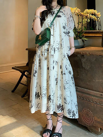 Women Summer National Floral Ink-print Pleat Loose Dress